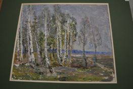 Vera Dovgalevskaya, Ukrainian, a view of birch trees in spring, oil on board, unframed.