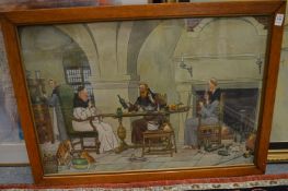 Harry Eliott, a large amusing colour print depicting monks in an interior enjoying a meal.