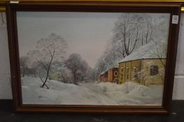Winter landscape with buildings, oil on board.
