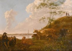 Circle of Albert Cuyp, 17th Century Dutch School, figures and cows by a river with town view beyond,