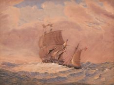 19th Century English School, vessels coming together in rough seas, watercolour, inscribed on the