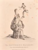 Macaroni and Tiptoe, a group of three late 18th Century humorous prints, each around 9