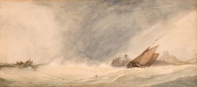 John Cuthbert Salmon (1844-1917), shipping approaching a harbour in a gale, watercolour, signed