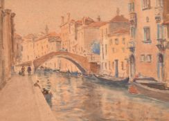 John Henry Titcomb (1863-1952), figures by a Venetian canal with moored gondolas, watercolour,