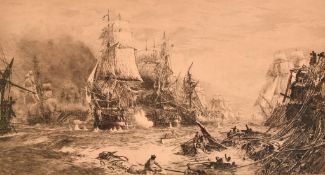 William Lionel Wyllie (1851-1931), HMS Victory at the battle of Trafalgar, etching, signed in