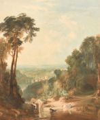 19th Century, figures in a stream with a valley view and classical buildings beyond, watercolour,