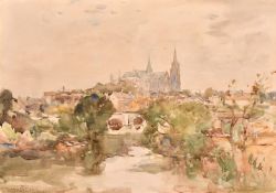 Armstrong, Circa 1900, a river view with a cathedral on the horizon, watercolour, signed, 10