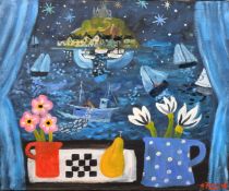 Alan Furneaux (b. 1953), a still life of flowers with a moonlit view of St, Michaels's Mount beyond,