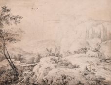 Philip Augustijn Immenraet (1627-1679), figures before a mountainous landscape, ink on vellum,