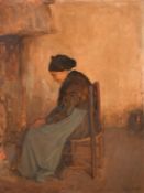 Maurice Vergeaud (19th/20th Century), a female figure sitting in a chair by a fire, oil on panel,