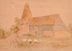 Leeson Rowbotham, Circa 1948, shepp grazing by an old farm building, watercolour, signed and dated
