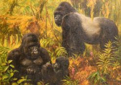 Frederick Haycock (b. 1948), a family of gorillas amongst foliage, oil on canvas, 24