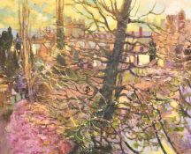 20th Century Modern School, a view of rooftops through tress, oil on board, 20