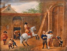 Continental School, a miniature scene of a yard of a country estate, watercolour on ivory, signed P.