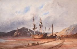 G. Harris...?, figure with a horse and cart on a beach at low tide, watercolour, 10