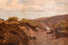 Herbert Moxon Cook (1844-1928), sheep on a rocky coastal path with a sea view beyond, oil on canvas,