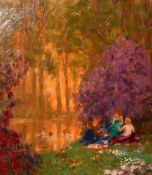 Arthur John Black (1855-1936), figures gathered by a lake at dusk with others bathing, oil on panel,
