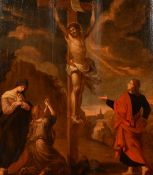 Late 17th Century Flemish School, Christ on the cross with saints in attendance, oil on panel (