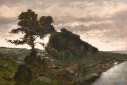 Karl Heffner (1849-1925), a river landscape view at dusk, oil on canvas laid down, signed, 18