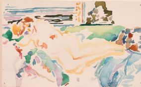 Philip Sutton (b. 1928), a reclining female nude with a sea view beyond, watercolour on paper, 3.25