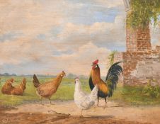 Albertus Verhoesen (1806-1881) Dutch, chickens in an archway by a brick arch, oil on mahogany panel,