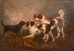 19th Century, hunting dogs in a landscape, oil on canvas, 12