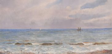 Edgar Longstaffe (1852-1933), view from a shingle beach with sailboats passing in the distance,