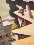 Jita, 20th Century, possibly French School, firemen tackling a blaze in stylized townscape, oil on