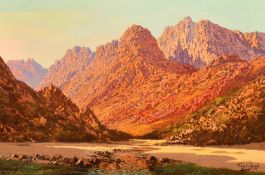 Tinus de Jong (1885-1942) South Africa, setting sun over a rocky river valley, oil on canvas, 12