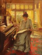 Attributed to Carlton Alfred Smith (1853-1946), elegant female figure sat by a piano with a bay