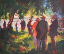 Roger Dellar (b. 1949), 'At the Regatta', figures gathered by a river, oil on board, signed, 24