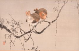 Gekko Ogata (1859-1920) Japan, sparrows on a branch, colour woodcut with seal, and another by the