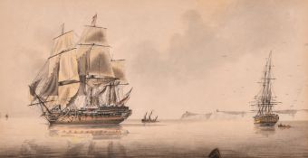 Attributed to William Anderson (1757-1837), ships moored off a headland in calm waters,
