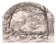 Circle of Samuel Palmer, sheep gathered beyond a cottage, pen and ink, and another, a study of a