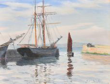 Bentinck Cavendish Doyle, early 20th Century, fishing boat approaching a port, oil on canvas,