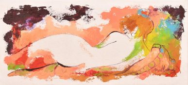Maria Alvarez (b. 1960) Argentina, 'Siesta', a reclining female nude, acrylic on canvas board,