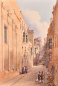 Attributed to Giovanni Schranz, 'Strada Santa Ursula', (Valletta), a busy street scene, watercolour,