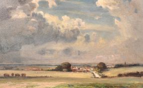 Kenneth Denton (b. 1932), 'In Suffolk', an expansive landscape view, oil on board, signed, inscribed