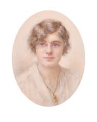 Edith Wickes, Circa 1918, a miniature portrait of a lady wearing pince-nez, watercolour on