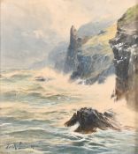 Thomas Swift Hutton (1860-1935), a rocky coastal scene with stormy seas, watercolour, signed and