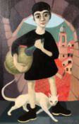 E. M. Gilbey, Circa 1954, figure holding a carafe of wine standing by a cat in an archway with a