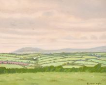 Robert Morson-Hughes (1873-1953), a view across fields towards hills, oil on board, signed, 7.5