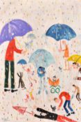 Simeon Stafford (b. 1956), 'Bank Holiday', figures with umbrellas, oil on panel, signed, further