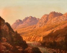 Tinus de Jong (1885-1942) South Africa, setting sun over a rocky mountain valley, oil on canvas,