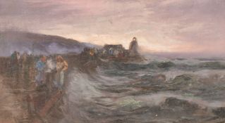 Bartram Hiles (1872-1927), figures on a harbour wall at dusk, oil on board, signed, 9