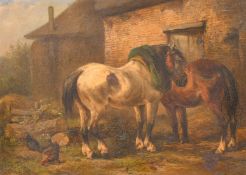 Late 19th Century, a study of horses and chickens in a farmyard, oil on mahogany panel, indistinctly