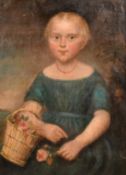 Early 19th Century English School, a primitive portrait of a young girl in a landscape holding a