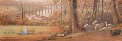 Circle of Edward Lear, figure on a bench with a distant river landscape view beyond, watercolour,