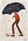 Simeon Stafford (b. 1956), a figure and his dog beneath an umbrella, oil on panel, signed, 24