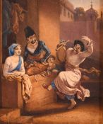 19th Century, a scene of possibly Turkish figures reveling in a marketplace, watercolour,